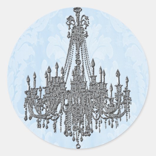 La Silver Sparkle en Damask Blue Kroonluchter Seal Ronde Sticker (Voorkant)