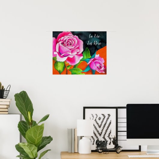 La Vie En Roos citaat met waterverf roze rozen Poster (Thuiskantoor)