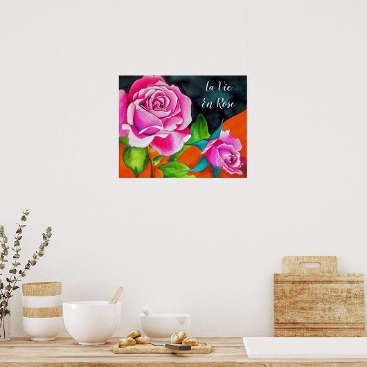 La Vie En Roos citaat met waterverf roze rozen Poster (Keuken)