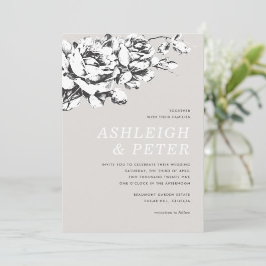 La Vie en Roos Floral Wedding Invitation - Grey Aankondiging (Staand voorkant)