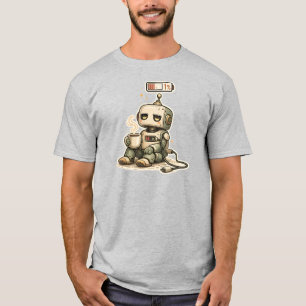 Laag Batterij Mens Cute Robot Koffie Grappig Retro T-shirt