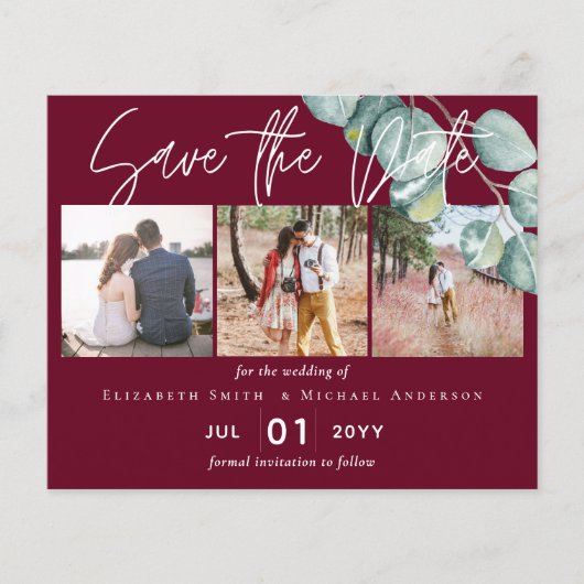 Laag budget BURGUNDY Witte EUCALYPTUS Bruiloft Flyer (Voorkant)