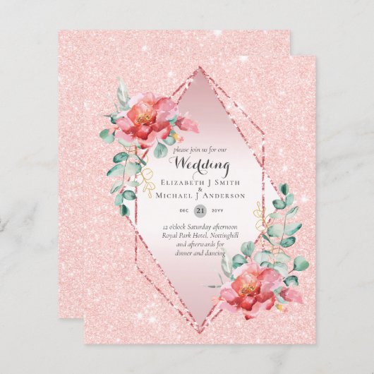 Laag budget rood bloemig RoseGoud Glitter Bruiloft (Voorkant / Achterkant)