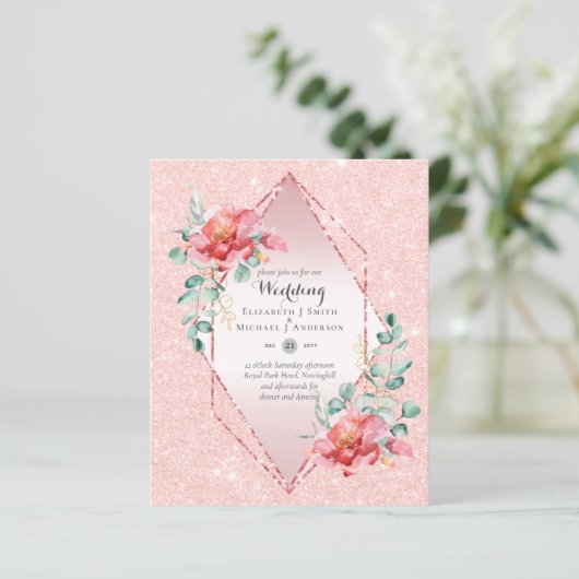 Laag budget rood bloemig RoseGoud Glitter Bruiloft (Staand voorkant)