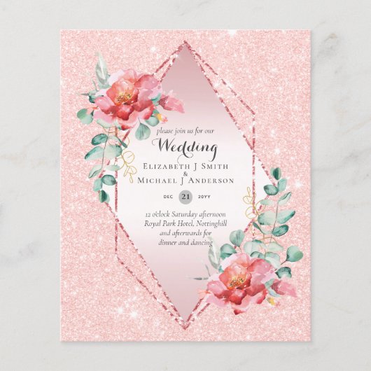 Laag budget rood bloemig RoseGoud Glitter Bruiloft (Voorkant)