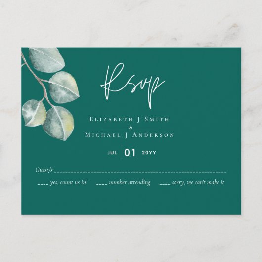 Laag budget TEAL Witte EUCALYPTUS Trouwfeest Briefkaart (Voorkant)