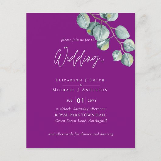 Laag budget VIOLET Witte EUCALYPTUS Bruiloft Flyer (Voorkant)