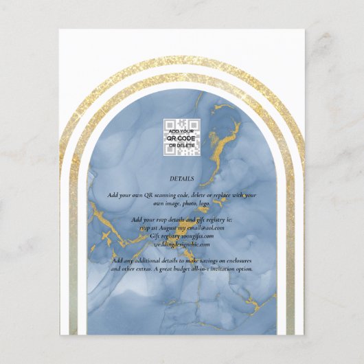 Laagste BUDGET All-in-1 Blue Gold Marble Wedding Flyer (Achterkant)