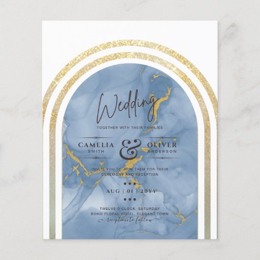 Laagste BUDGET All-in-1 Blue Gold Marble Wedding Flyer (Voorkant)