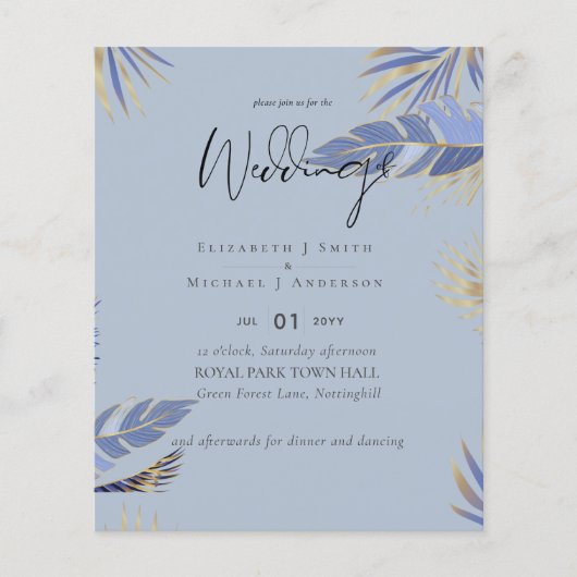 LAAGSTE GEPRIJDE Stusty Blue TROPICAL Leaf Weddens Flyer (Voorkant)