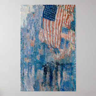 Laan in de regen, Amerikaanse vlaggen Schilderij Poster