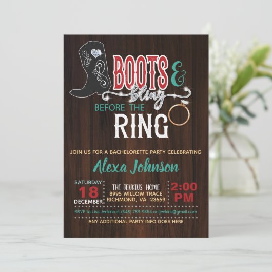 Laarzen & Bling voor de ring uitnodiging - Turq (Staand voorkant)