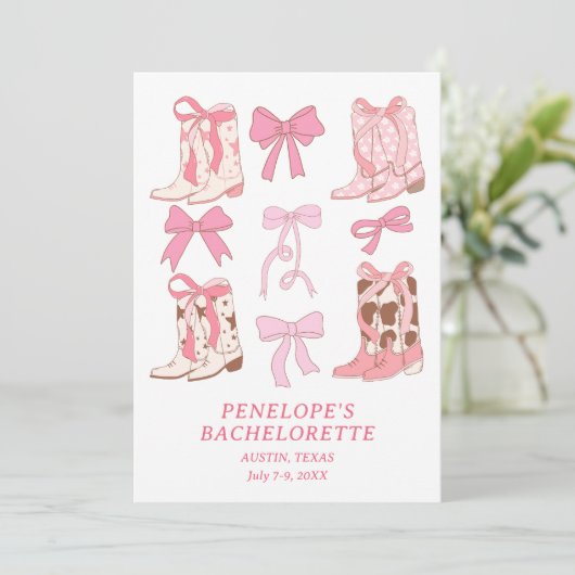 Laarzen & Bogen Roze Girly Bachelorette Party Kaart (Staand voorkant)