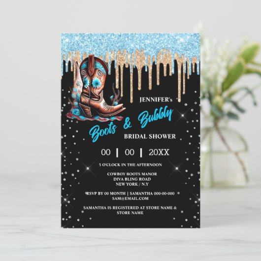 Laarzen borrelende cowboy laars glitters glans bru kaart (Staand voorkant)