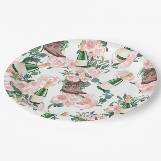 Laarzen & Bruisende Bloemige Champagne Bruidsontbi Papieren Bordje (Gekanteld)