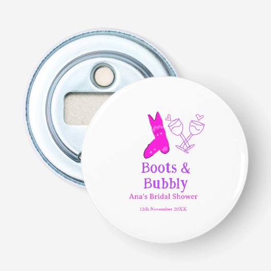 Laarzen & bruisende champagnefles bruidsdouche roz button flesopener (Voorkant)