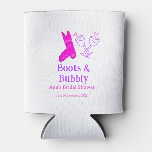 Laarzen & bruisende champagnefles bruidsfeest roze blikjeskoeler (Voorkant)