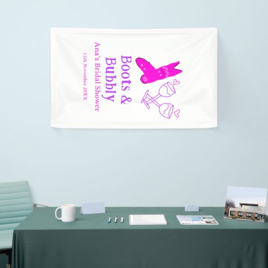 Laarzen & bruisende champagnefles bruidsfeest roze spandoek (Beurs)