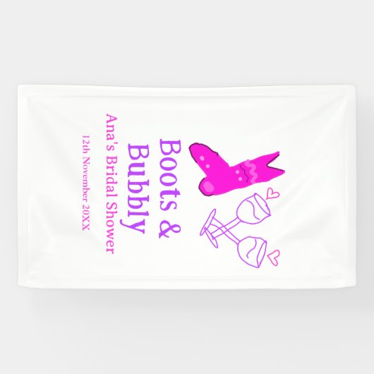 Laarzen & bruisende champagnefles bruidsfeest roze spandoek (Horizontaal)