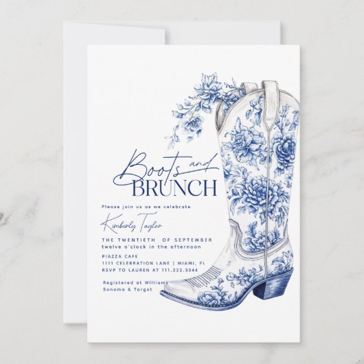Laarzen & Brunch Blauw Chinoiserie Bruidsfeest Kaart (Voorkant)