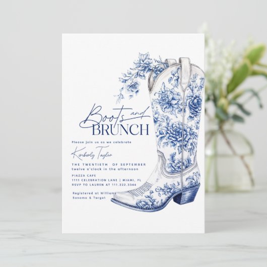 Laarzen & Brunch Blue Chinoiserie Vrijgezellenfees Kaart (Staand voorkant)