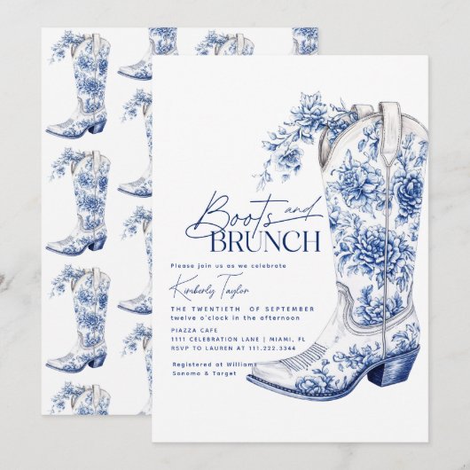 Laarzen & Brunch Blue Chinoiserie Vrijgezellenfees Kaart (Voorkant / Achterkant)