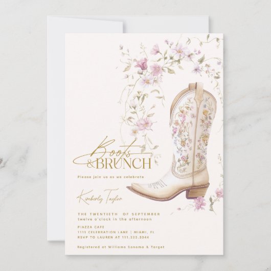 Laarzen & Brunch Roze Bloemen Vrijgezellenfeest Kaart (Voorkant)