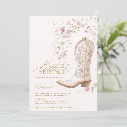 Laarzen & Brunch Roze Bloemen Vrijgezellenfeest Kaart (Staand voorkant)