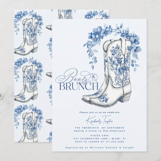 Laarzen & Brunch Stof Blauw Bloemig Bruidsmeisje F Kaart (Voorkant / Achterkant)