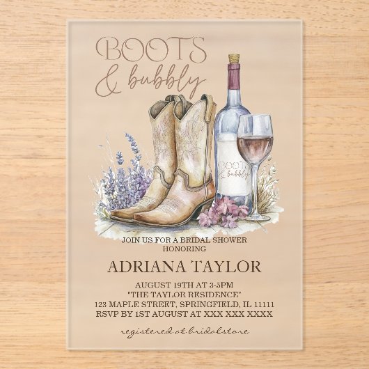 Laarzen & Bubbelig Westerse Bruiloft Borrel Acryl Uitnodigingen (Voorkant)
