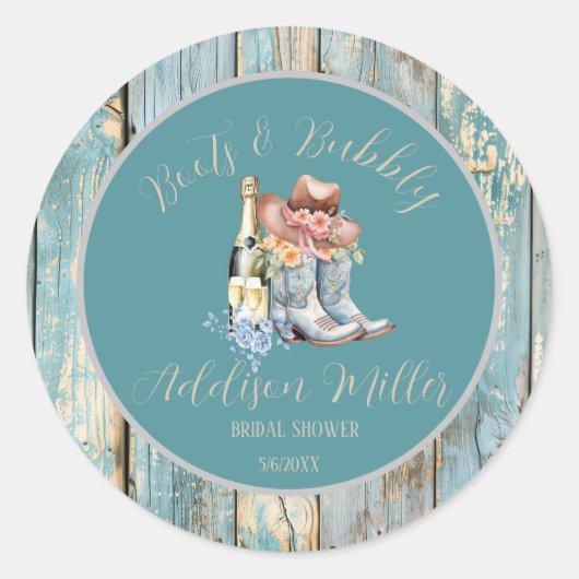 Laarzen & Bubbelige Aquarel Bruiloftsborrel  Ronde Sticker (Voorkant)