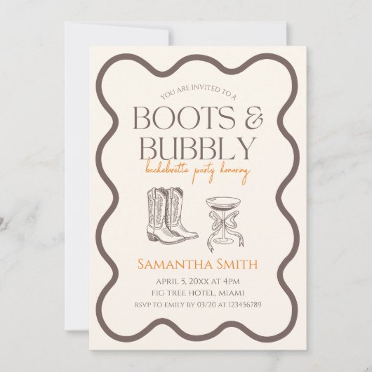 Laarzen & Bubbels Bachelorette Party Hand getrokke Kaart (Voorkant)