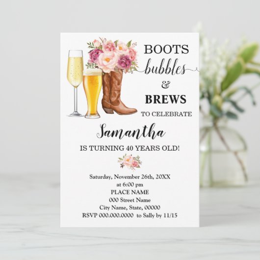 Laarzen Bubbels & Brouwt Roze Bloemen Volwassenen  Kaart (Staand voorkant)