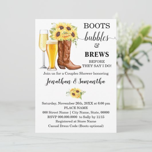 Laarzen Bubbels en Brews Bruiloft Douche Zonnebloe Kaart (Staand voorkant)