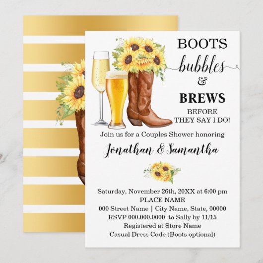 Laarzen Bubbels en Brews Bruiloft Douche Zonnebloe Kaart (Voorkant / Achterkant)