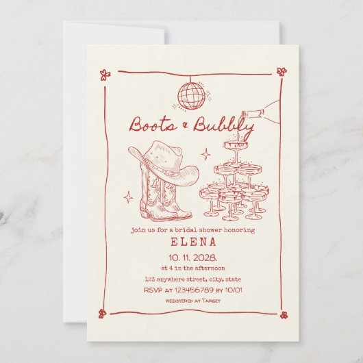 Laarzen & Bubbly Hand getrokken rood Vrijgezellenf Kaart (Voorkant)