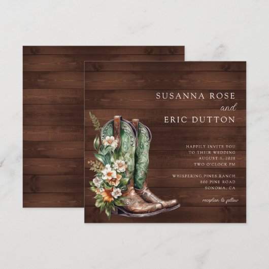Laarzen Cowgirl Cowboy Bloemen Bruiloft Kaart (Voorkant / Achterkant)