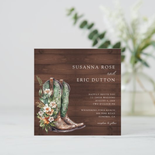 Laarzen Cowgirl Cowboy Bloemen Bruiloft Kaart (Staand voorkant)