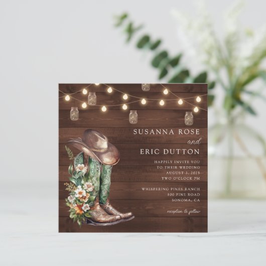 Laarzen Cowgirl Cowboy String Lights Bloemen Bruil Kaart (Staand voorkant)