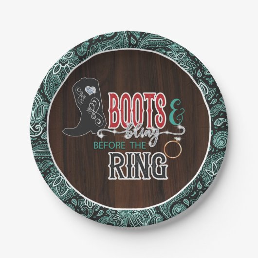 Laarzen en Bling voor de Ringbord - Turq Papieren Bordje (Voorkant)