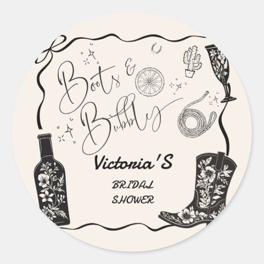 Laarzen en bubbel Champagne Western Bruidsdouche Ronde Sticker (Voorkant)
