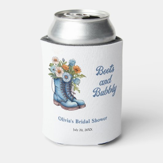 Laarzen en bubbels Blauw Westers Bruiloftsfeest Blikjeskoeler (Blikje Achterkant)