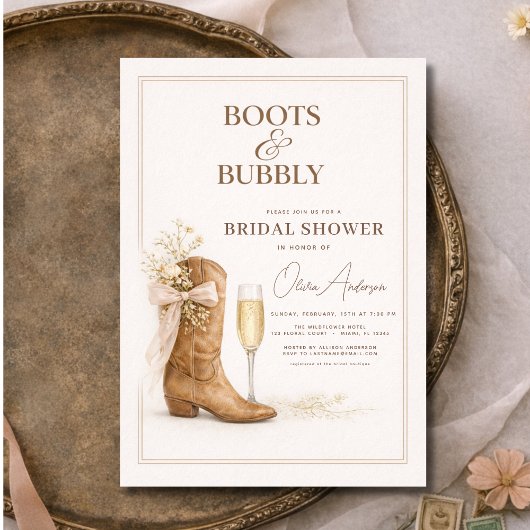 Laarzen en bubbels bloemensjerp bruidsdouche kaart