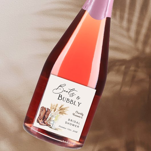 Laarzen en bubbels Boho Pampagras Bruidsdouche Wijn Etiket
