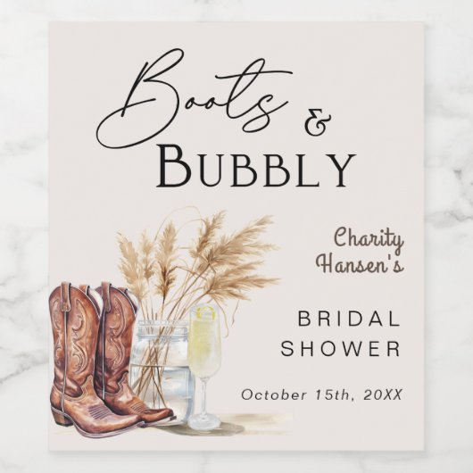 Laarzen en bubbels: Boho Pampagras Bruiloftssalon Wijn Etiket (Enkel label)