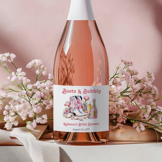 Laarzen en bubbels Bruiloftsfeestelijke kustcowgir Sparkling Wijnetiket