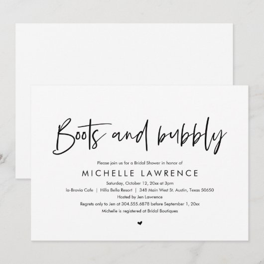 Laarzen en bubbels, moderne casual bruidsdouche ui kaart (Voorkant / Achterkant)