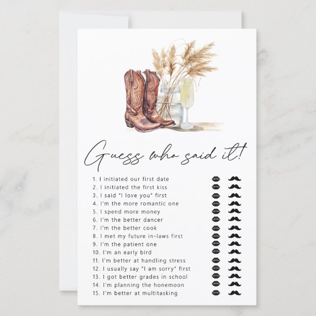 Laarzen en bubbels raden wie zei het bruids spel (Voorkant)