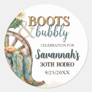 Laarzen en Bubbly Rustic Cowgirl Rodeo Verjaardag Ronde Sticker