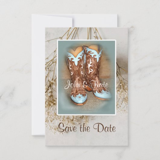 Laarzen en gedroogde bloemen save the date (Voorkant)